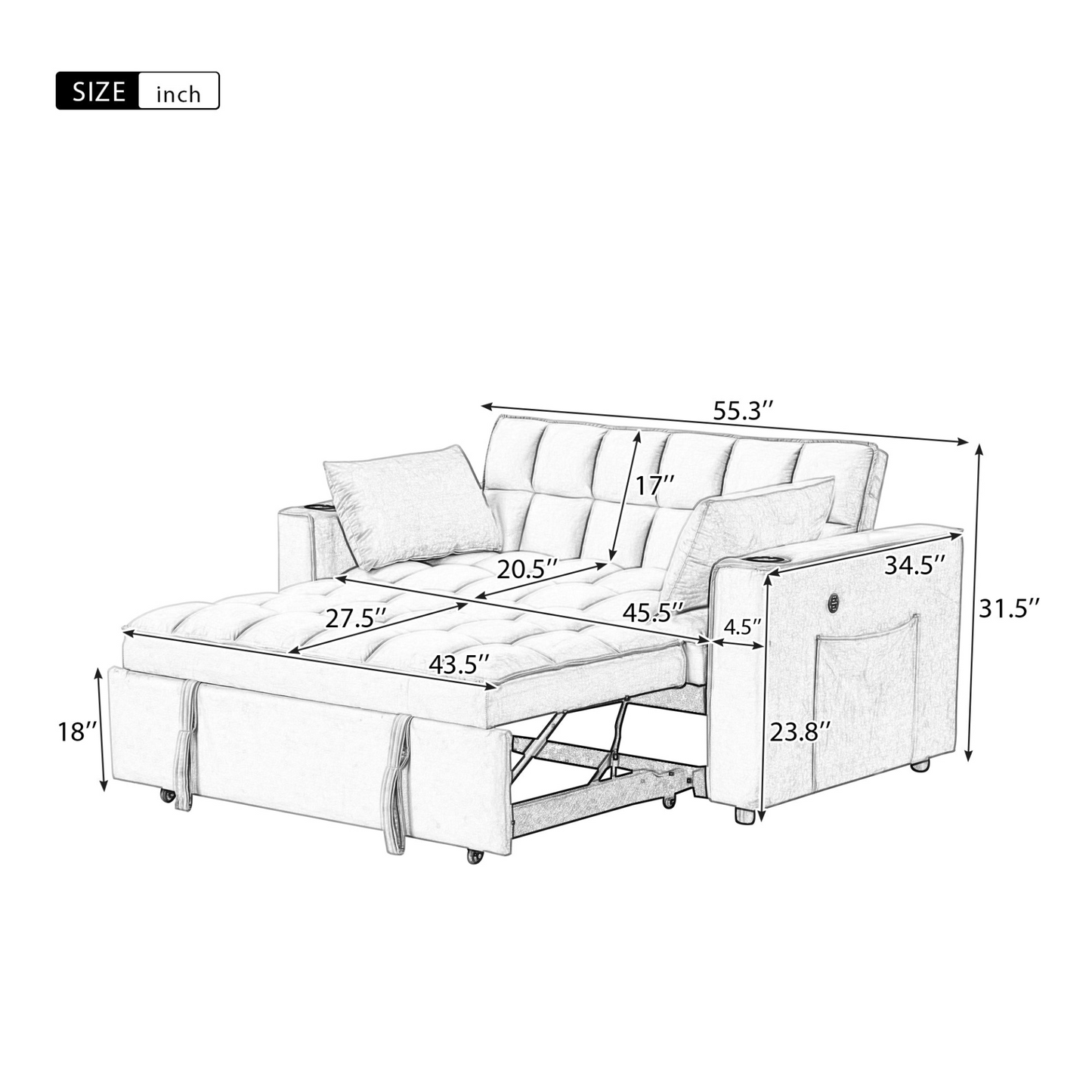 55.3" 4-1 Multi-functional Sofa Bed with Cup Holder and USB Port in Milky White