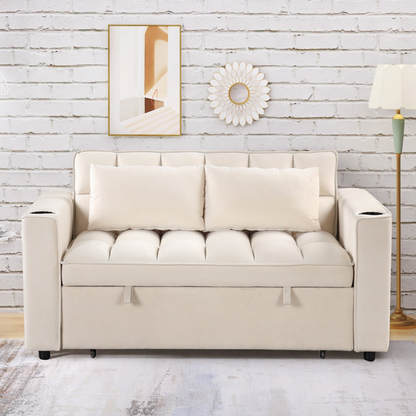 55.3" 4-1 Multi-functional Sofa Bed with Cup Holder and USB Port in Milky White