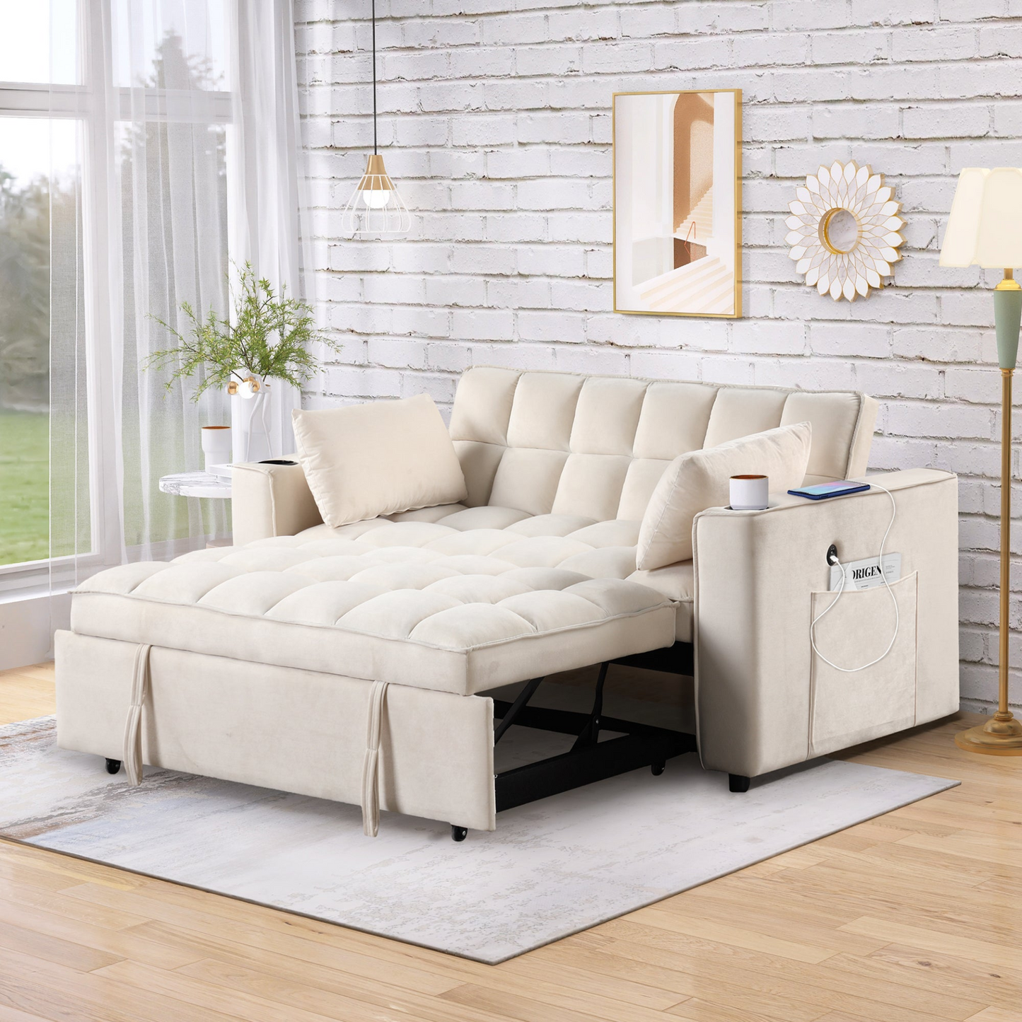 55.3" 4-1 Multi-functional Sofa Bed with Cup Holder and USB Port in Milky White