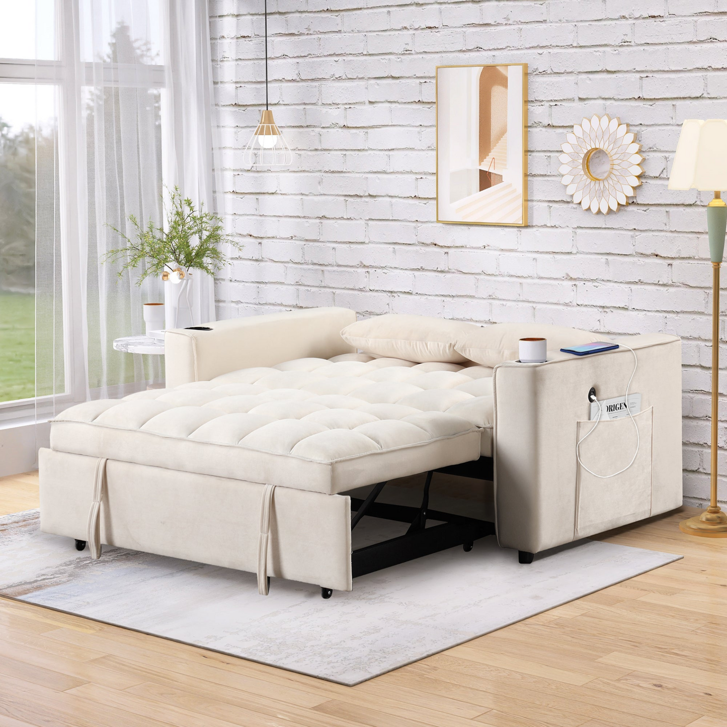 55.3" 4-1 Multi-functional Sofa Bed with Cup Holder and USB Port in Milky White