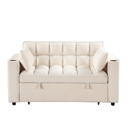 55.3" 4-1 Multi-functional Sofa Bed with Cup Holder and USB Port in Milky White