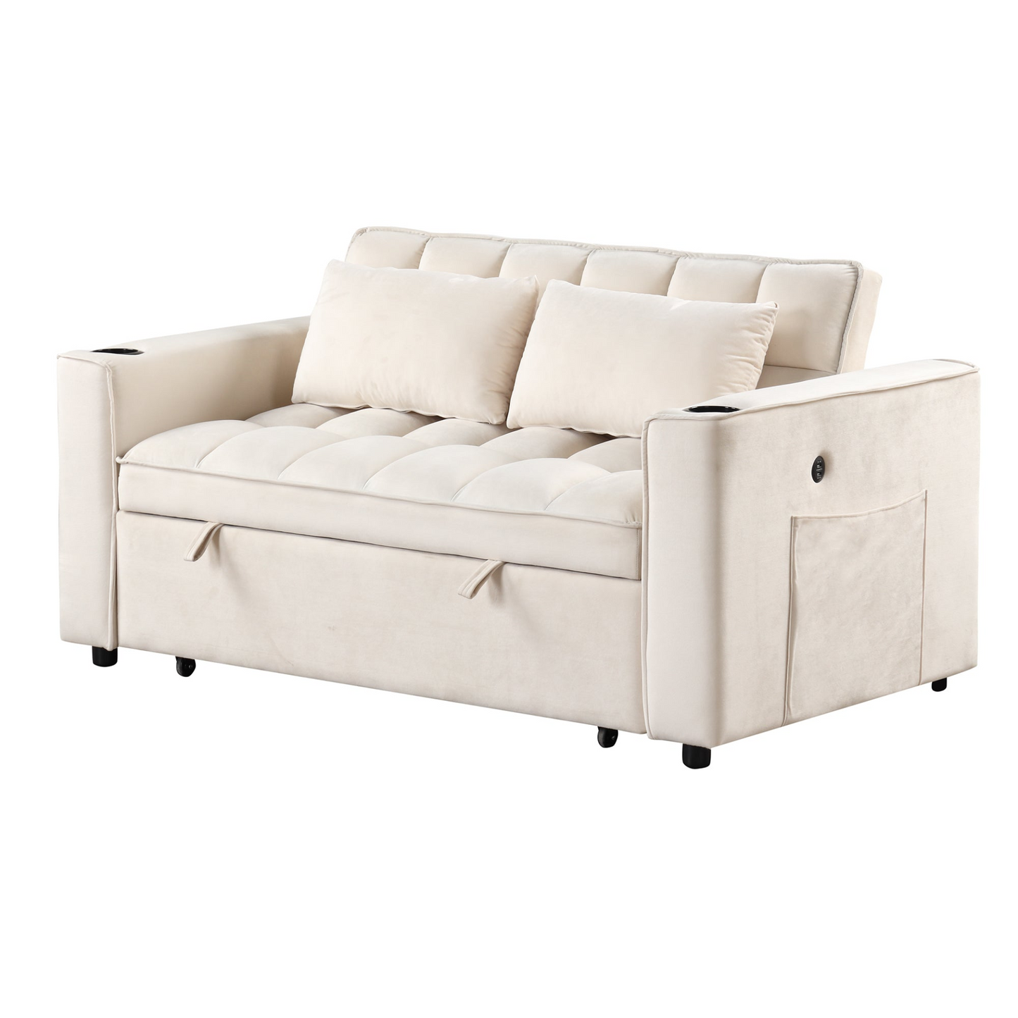 55.3" 4-1 Multi-functional Sofa Bed with Cup Holder and USB Port in Milky White