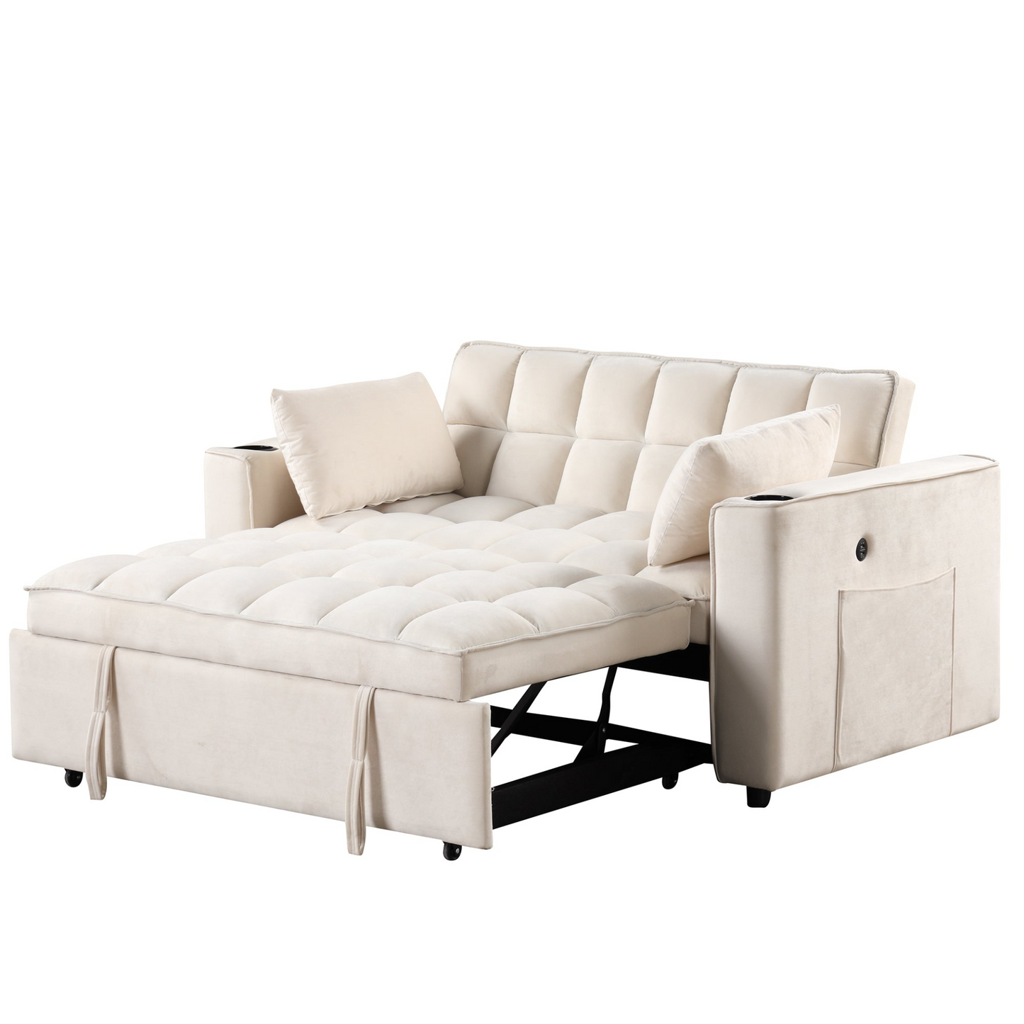 55.3" 4-1 Multi-functional Sofa Bed with Cup Holder and USB Port in Milky White