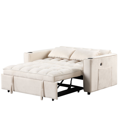 55.3" 4-1 Multi-functional Sofa Bed with Cup Holder and USB Port in Milky White