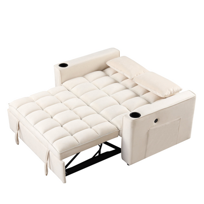 55.3" 4-1 Multi-functional Sofa Bed with Cup Holder and USB Port in Milky White