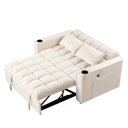 55.3" 4-1 Multi-functional Sofa Bed with Cup Holder and USB Port in Milky White