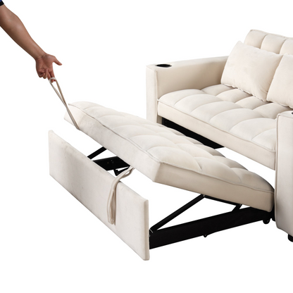 55.3" 4-1 Multi-functional Sofa Bed with Cup Holder and USB Port in Milky White