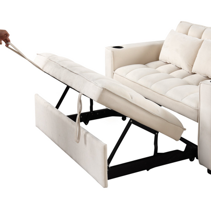 55.3" 4-1 Multi-functional Sofa Bed with Cup Holder and USB Port in Milky White