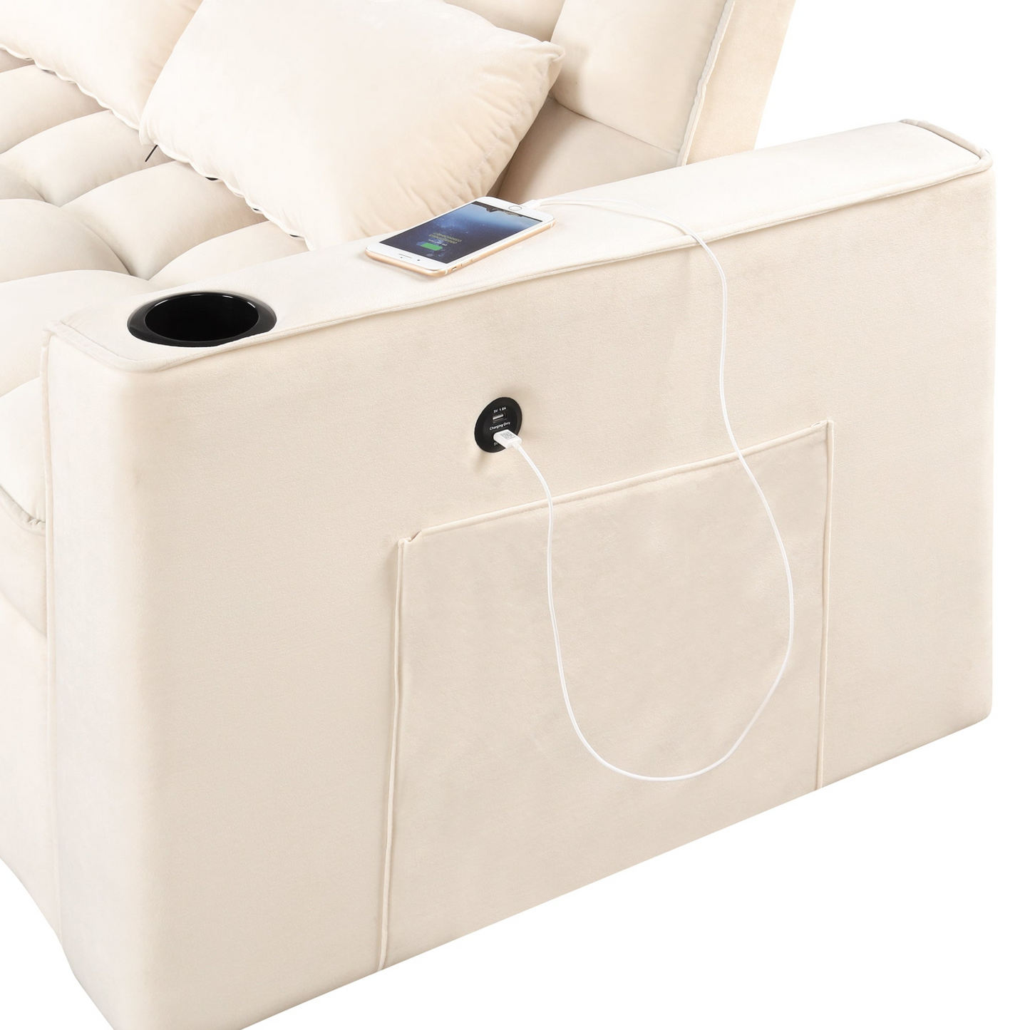 55.3" 4-1 Multi-functional Sofa Bed with Cup Holder and USB Port in Milky White