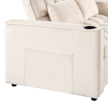 55.3" 4-1 Multi-functional Sofa Bed with Cup Holder and USB Port in Milky White