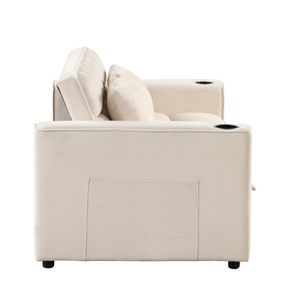 55.3" 4-1 Multi-functional Sofa Bed with Cup Holder and USB Port in Milky White