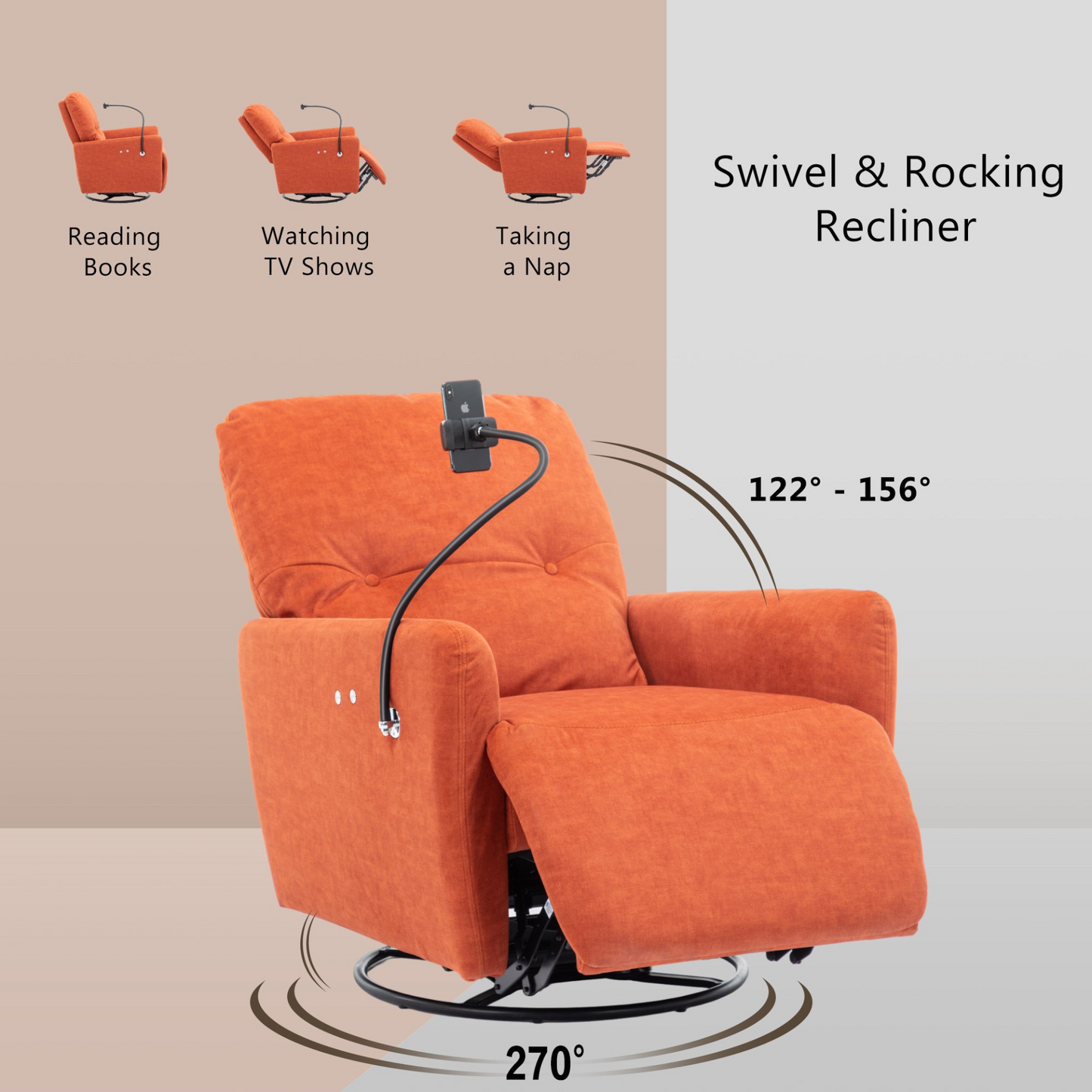 Orange 270° Swivel Recliner with Phone Holder for Home Theater