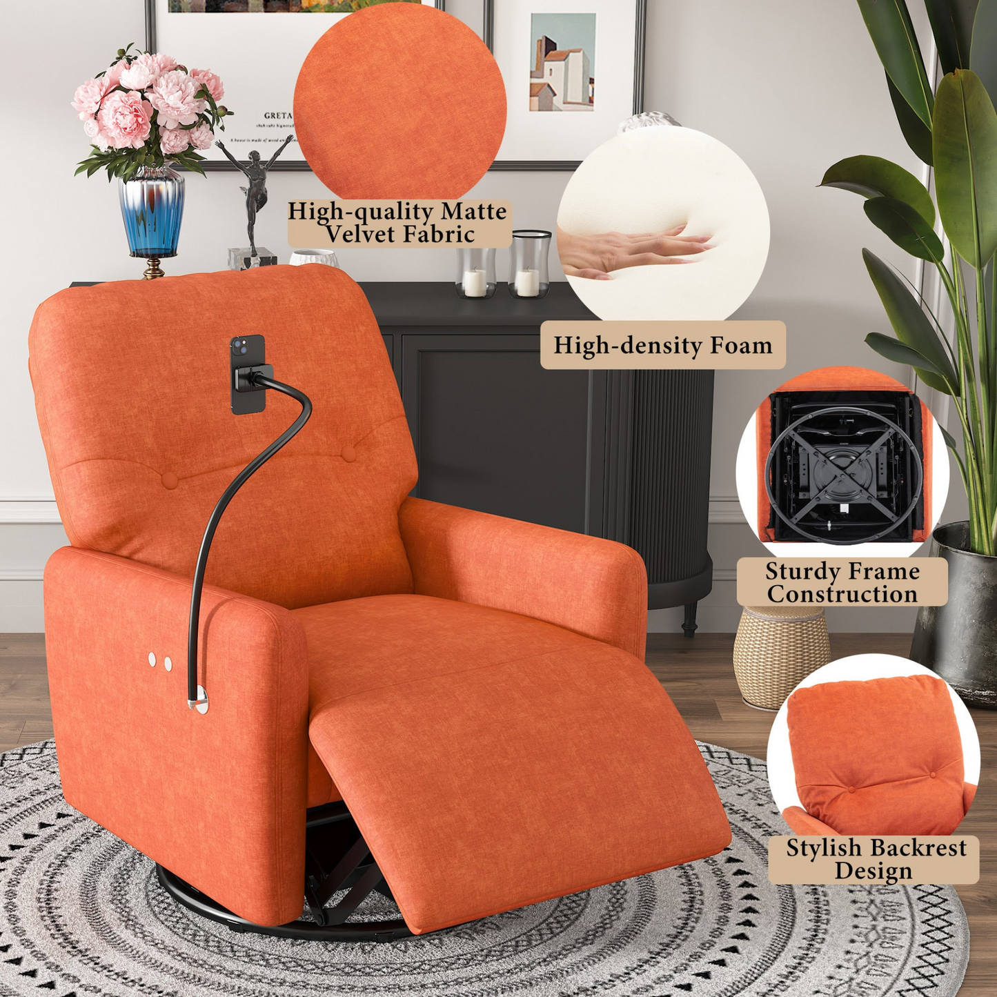 Orange 270° Swivel Recliner with Phone Holder for Home Theater