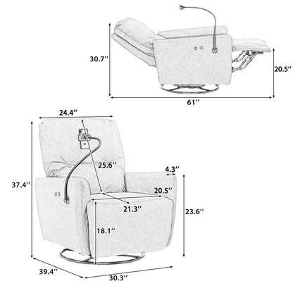 Grey 270° Swivel Recliner with Phone Holder for Home Theater