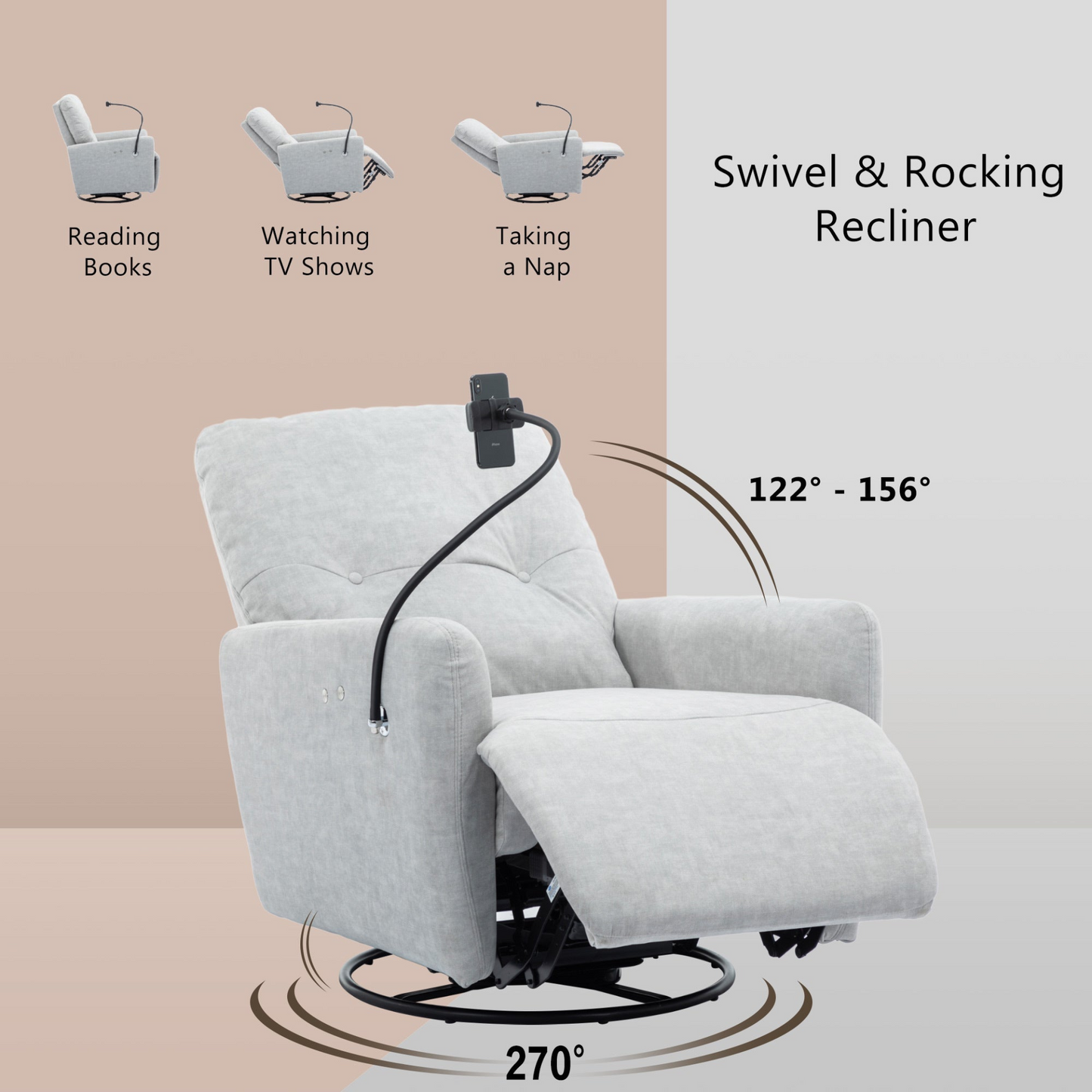 Grey 270° Swivel Recliner with Phone Holder for Home Theater