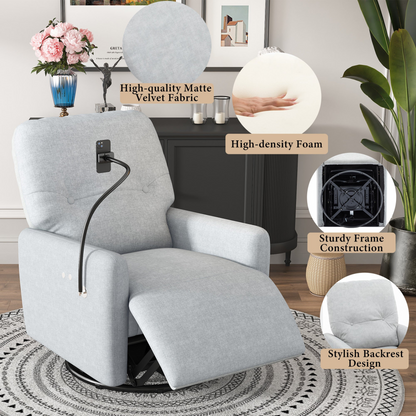 Grey 270° Swivel Recliner with Phone Holder for Home Theater