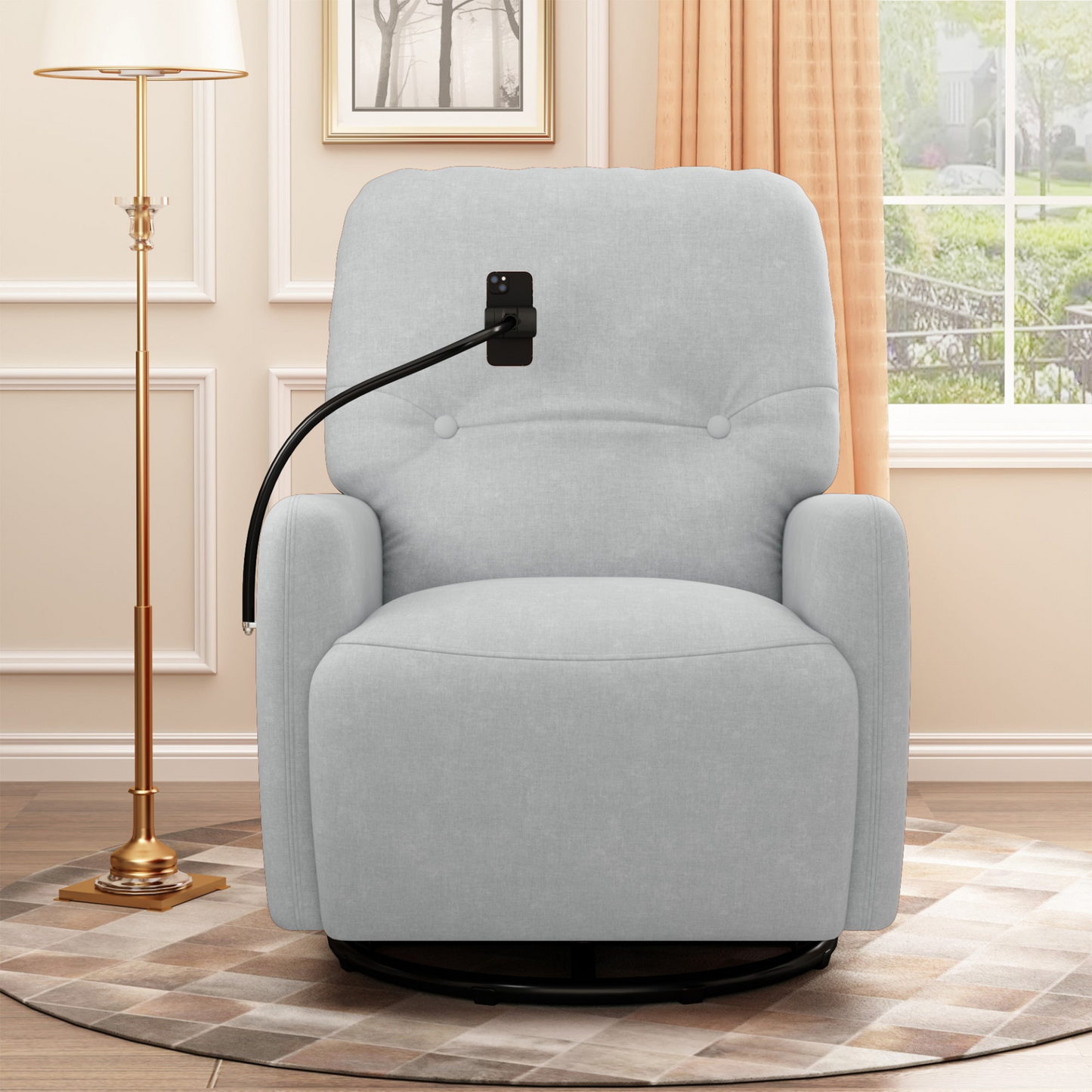 Grey 270° Swivel Recliner with Phone Holder for Home Theater