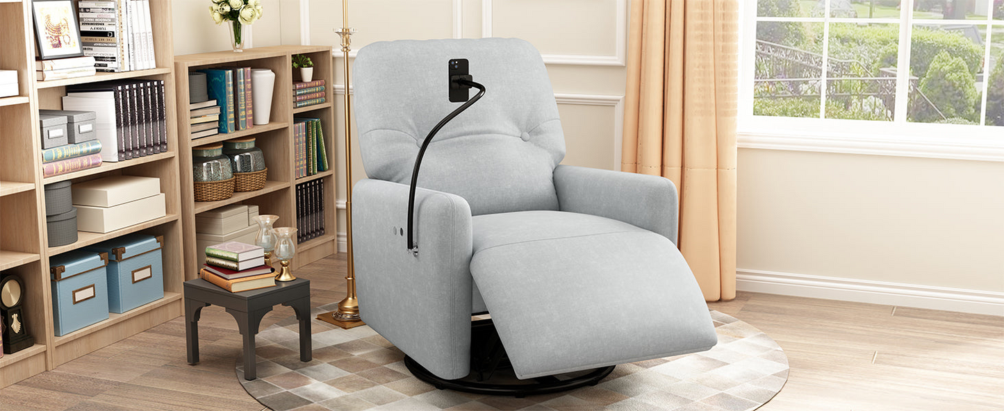 Grey 270° Swivel Recliner with Phone Holder for Home Theater