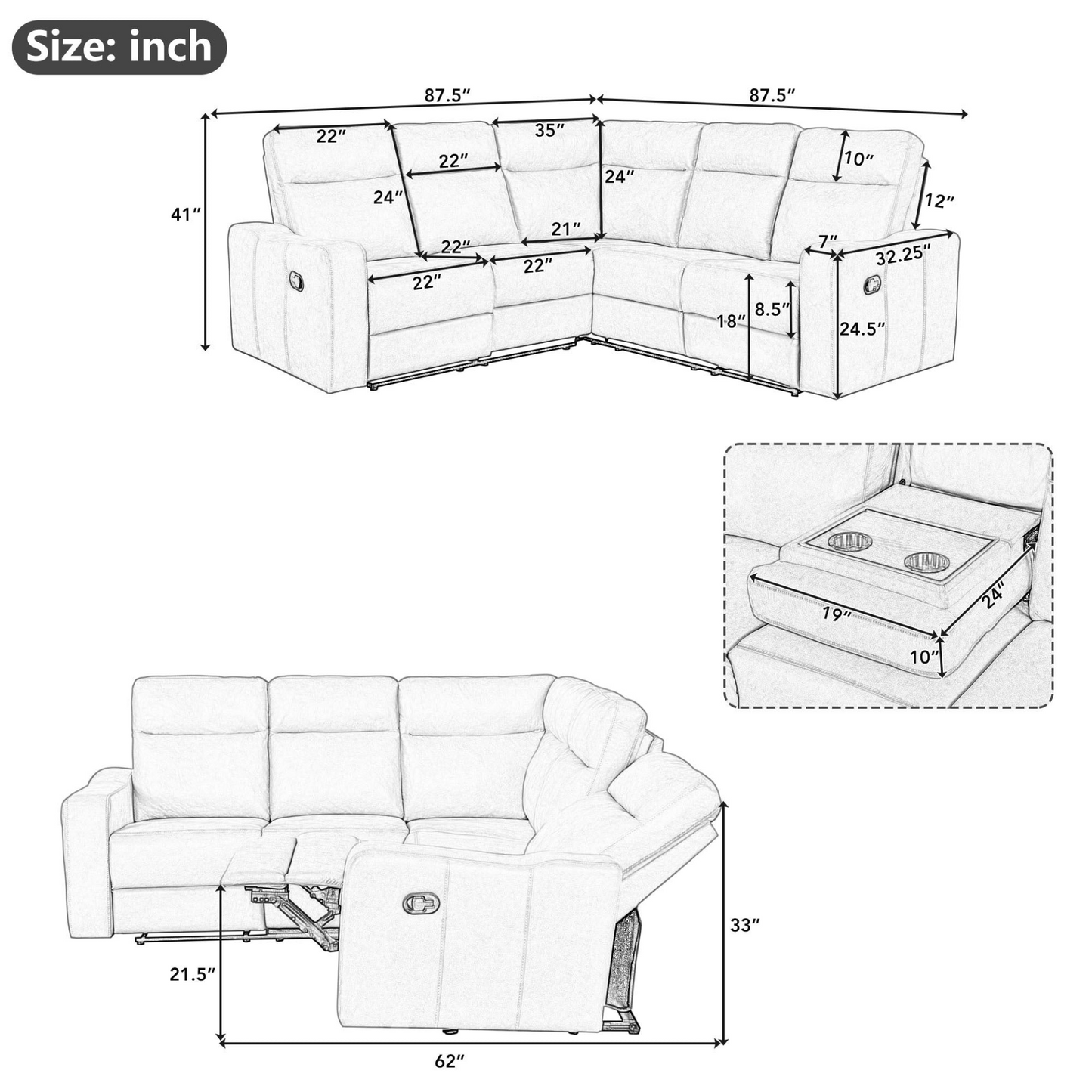 87.5" Manual Reclining Home Theater Seating Recliner Chair Sofa with Flipped Middle Backrest, 2 Cup Holders for Living Room, Bedroom, Home Theater, Black Blue