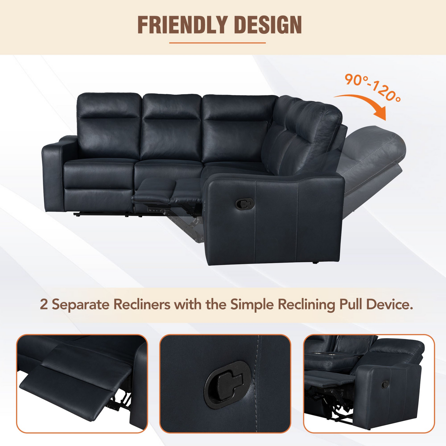 87.5" Manual Reclining Home Theater Seating Recliner Chair Sofa with Flipped Middle Backrest, 2 Cup Holders for Living Room, Bedroom, Home Theater, Black Blue