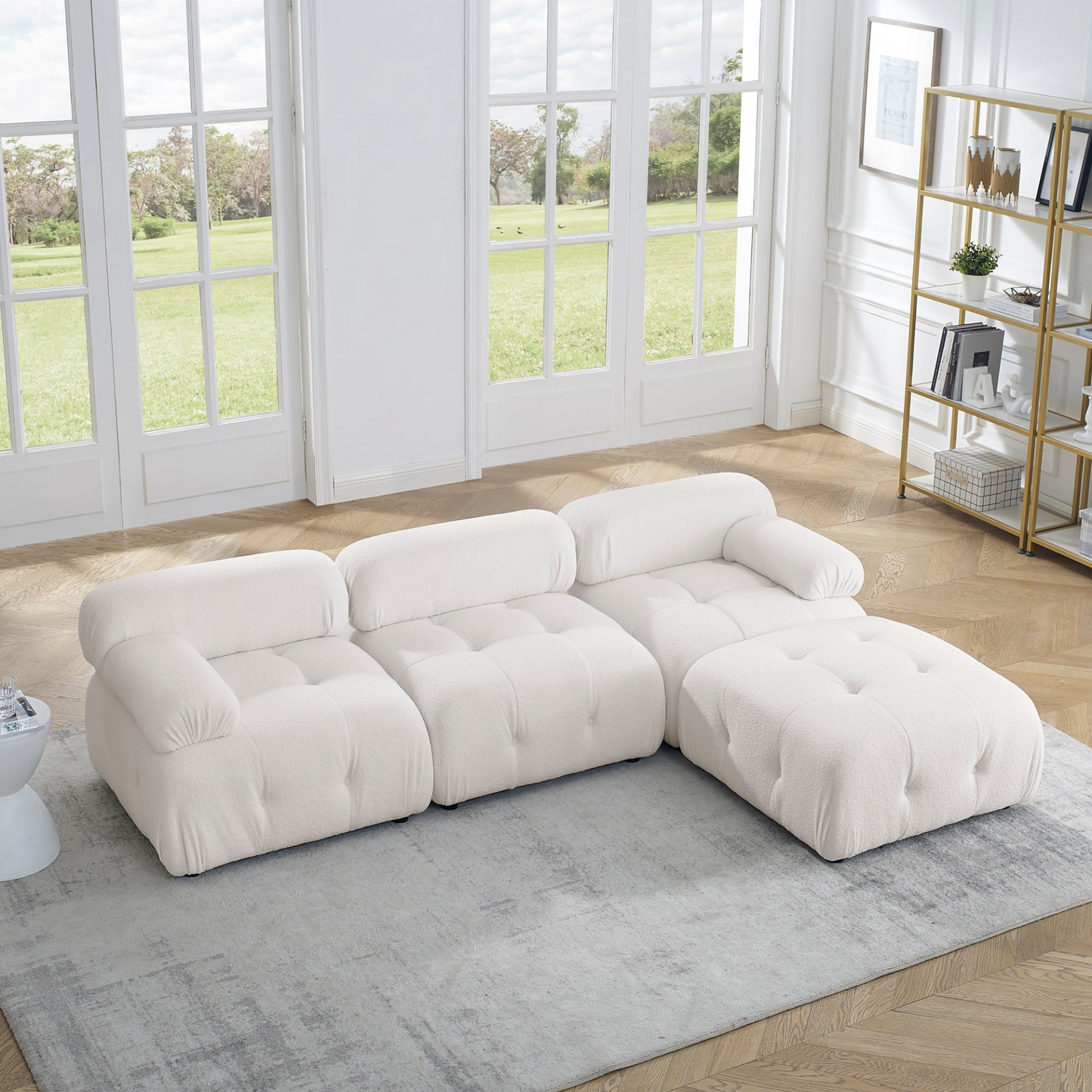 Modular Sectional Sofa, Button Tufted Designed and DIY Combination, L Shaped Couch with Reversible Ottoman, Ivory Teddy Fabric