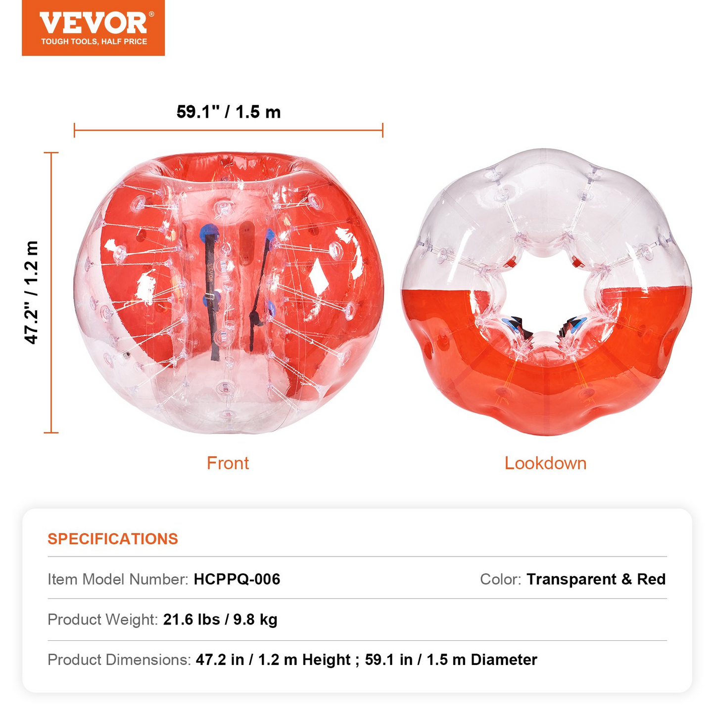 VEVOR Inflatable Bumper Ball 1-Pack, 5FT/1.5M Body Sumo Zorb Balls for Teen & Adult, 0.8mm Thick PVC Human Hamster Bubble Balls for Outdoor Team Gaming Play, Bumper Bopper Toys for Garden, Yard, Park