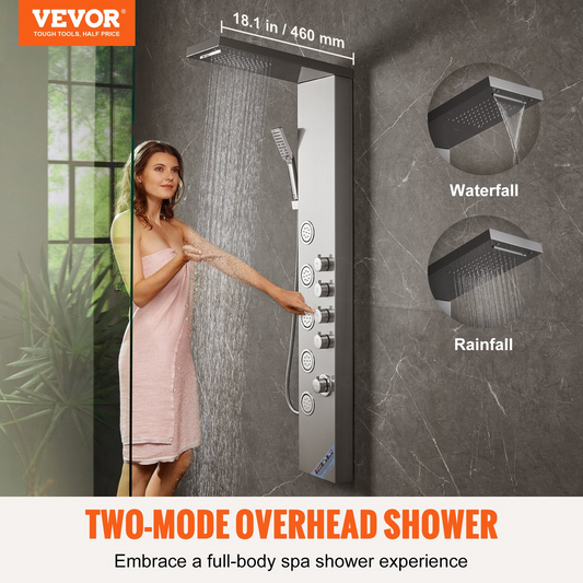 VEVOR Shower Panel System, 4 Shower Modes Shower Panel Tower, Rainfall, Waterfall, 5 Full Body Massage Jets and 3-Setting Handheld Shower Head with 59" Hose, Stainless Steel Wall-Mounted Shower Set