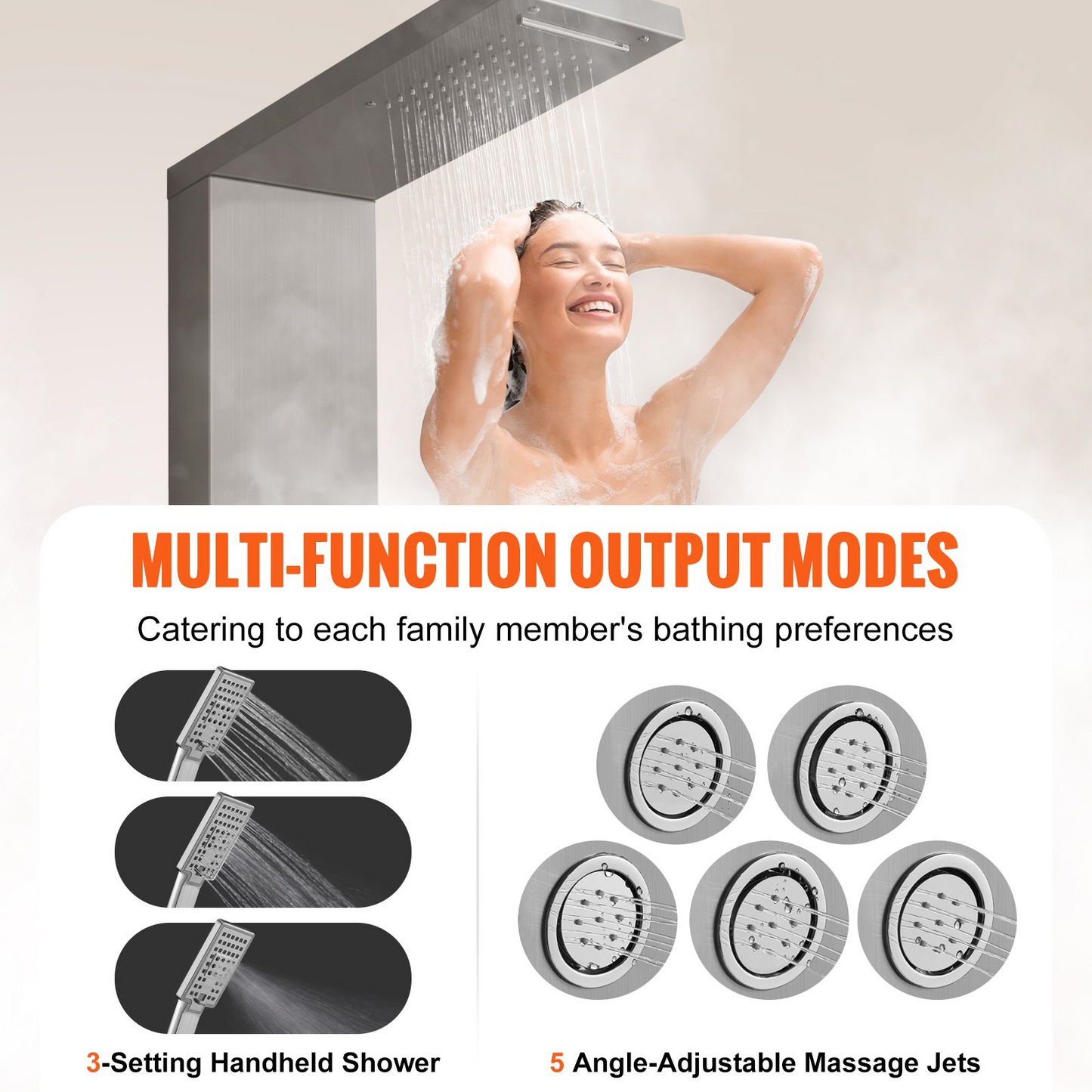 VEVOR Shower Panel System, 4 Shower Modes Shower Panel Tower, Rainfall, Waterfall, 5 Full Body Massage Jets and 3-Setting Handheld Shower Head with 59" Hose, Stainless Steel Wall-Mounted Shower Set