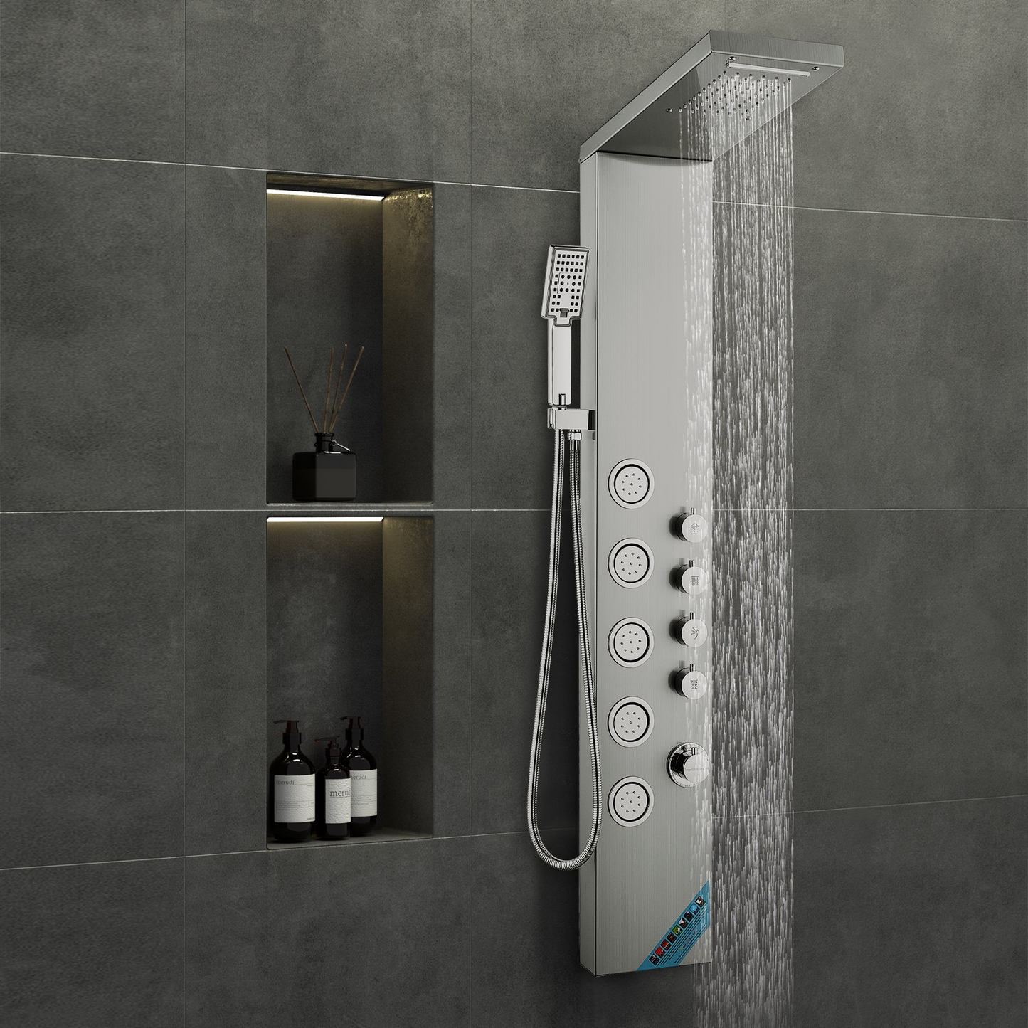 VEVOR Shower Panel System, 4 Shower Modes Shower Panel Tower, Rainfall, Waterfall, 5 Full Body Massage Jets and 3-Setting Handheld Shower Head with 59" Hose, Stainless Steel Wall-Mounted Shower Set