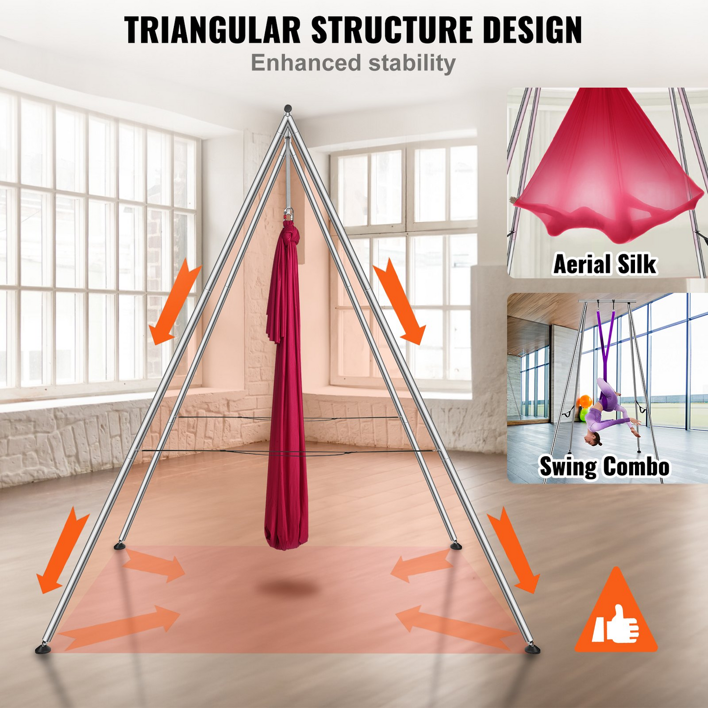 VEVOR Aerial Yoga Frame & Yoga Hammock, 9.67 ft Height Professional Yoga Swing Stand Comes with 6.6 Yards Aerial Hammock, Max 551.15 lbs Load Capacity, Yoga Rig for Indoor Outdoor Aerial Yoga, Red