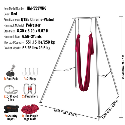 VEVOR Aerial Yoga Frame & Yoga Hammock, 9.67 ft Height Professional Yoga Swing Stand Comes with 6.6 Yards Aerial Hammock, Max 551.15 lbs Load Capacity, Yoga Rig for Indoor Outdoor Aerial Yoga, Red