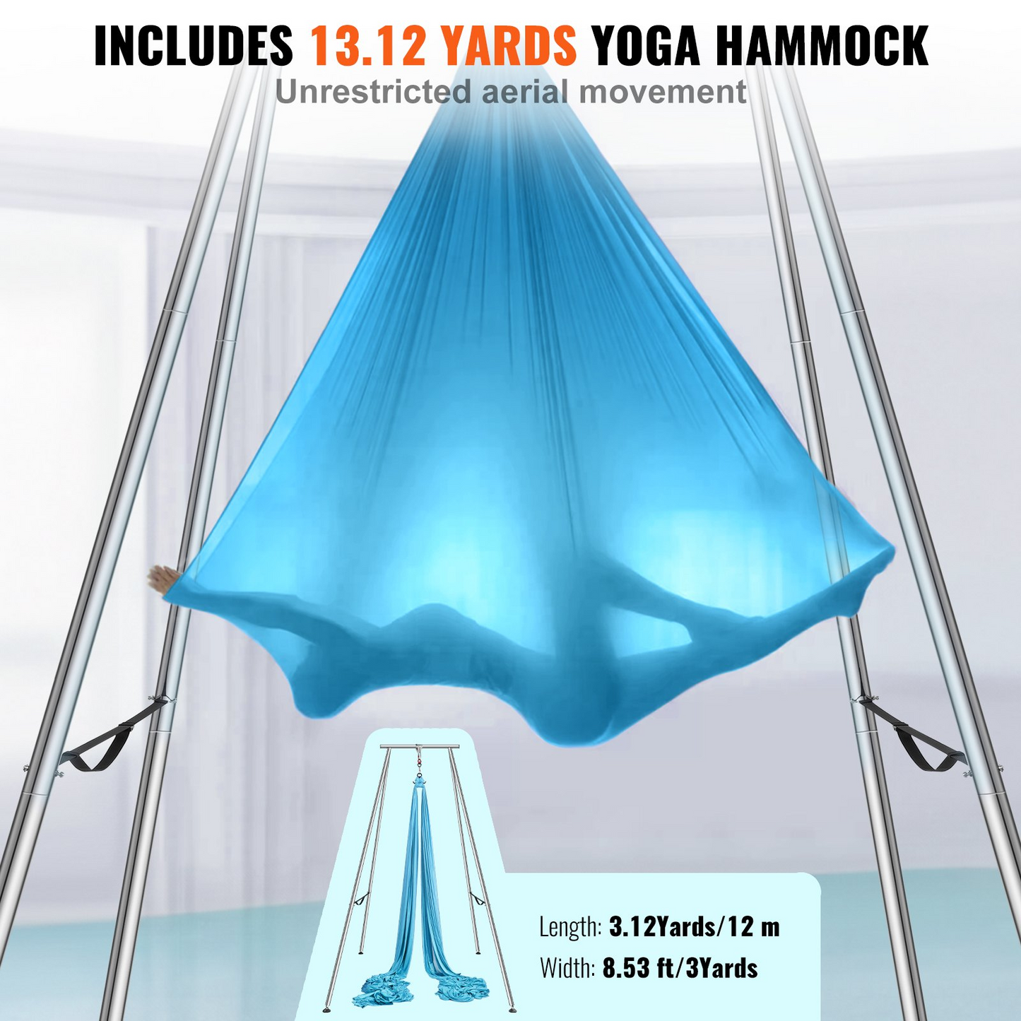 VEVOR Aerial Yoga Frame & Yoga Hammock, 9.67 ft Height Professional Yoga Swing Stand Comes with 13.1 Yards Aerial Hammock, Max 551.15 lbs Load Capacity Yoga Rig for Indoor Outdoor Aerial Yoga, Blue