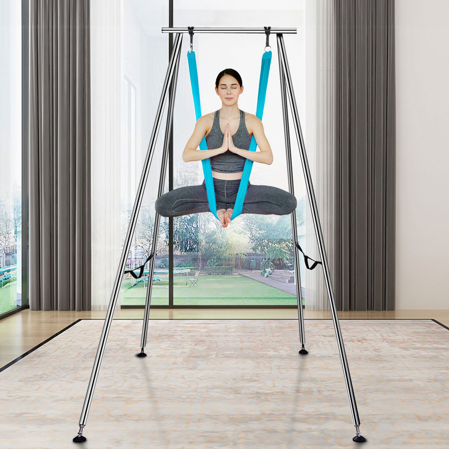 VEVOR Aerial Yoga Frame & Yoga Hammock, 9.67 ft Height Professional Yoga Swing Stand Comes with 13.1 Yards Aerial Hammock, Max 551.15 lbs Load Capacity Yoga Rig for Indoor Outdoor Aerial Yoga, Blue