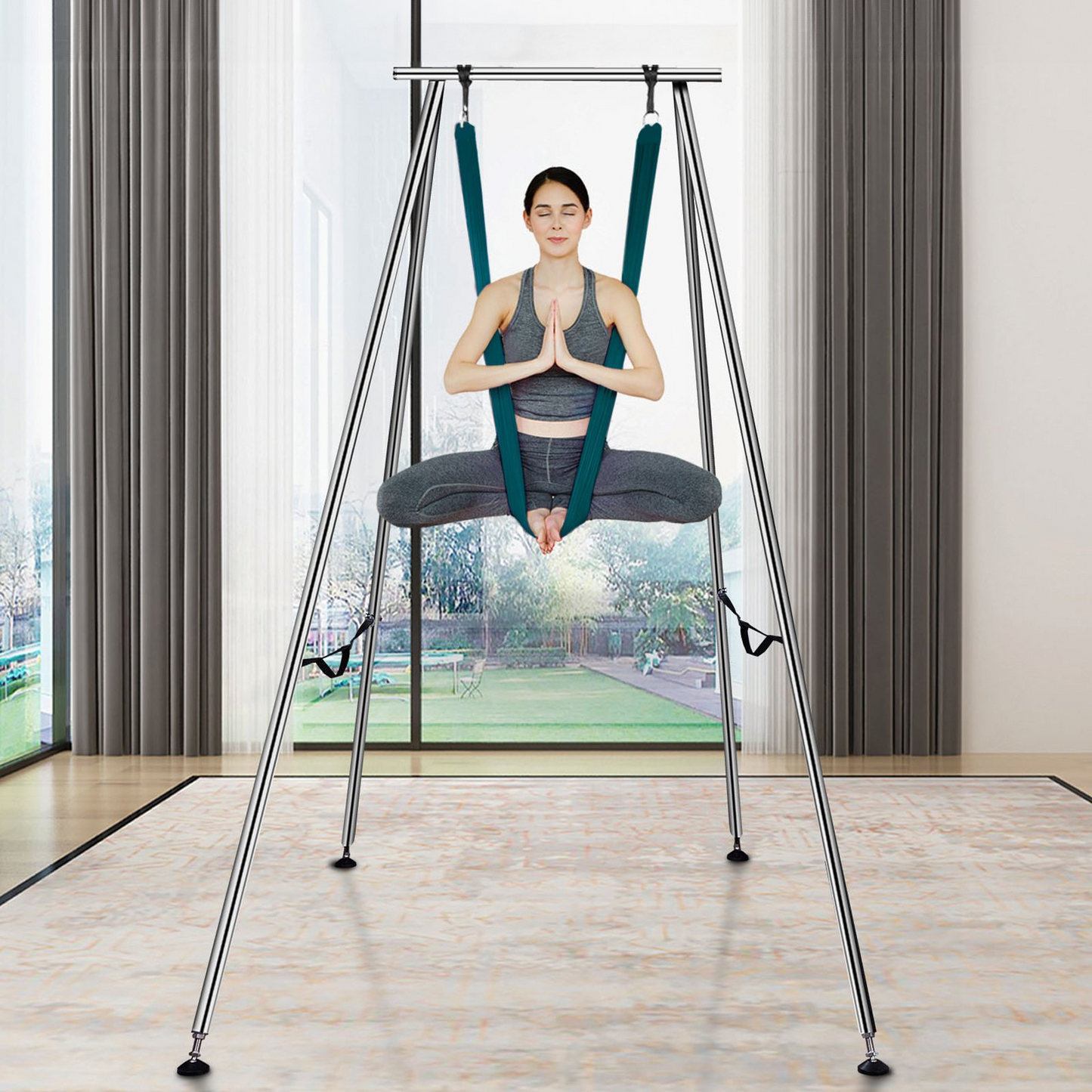 VEVOR Aerial Yoga Frame & Yoga Hammock, 9.67 ft Height Professional Yoga Swing Stand Comes with 6.6 Yards Aerial Hammock, Max 551.15 lbs Load Capacity Yoga Rig for Indoor Outdoor Aerial Yoga, Green