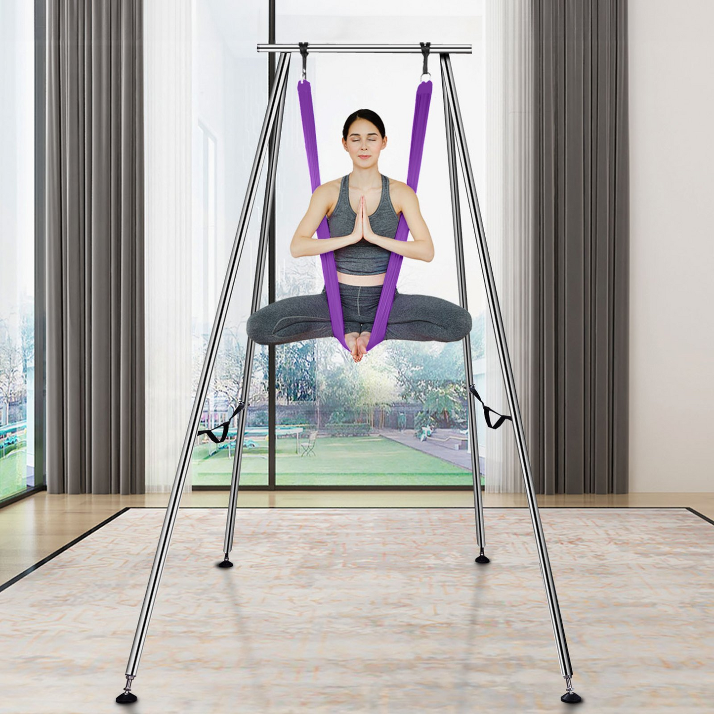 VEVOR Aerial Yoga Frame & Yoga Hammock, 9.67 ft Height Professional Yoga Swing Stand Comes with 13.1 Yards Aerial Hammock, Max 551.15 lbs Load Capacity Yoga Rig for Indoor Outdoor Aerial Yoga, Purple