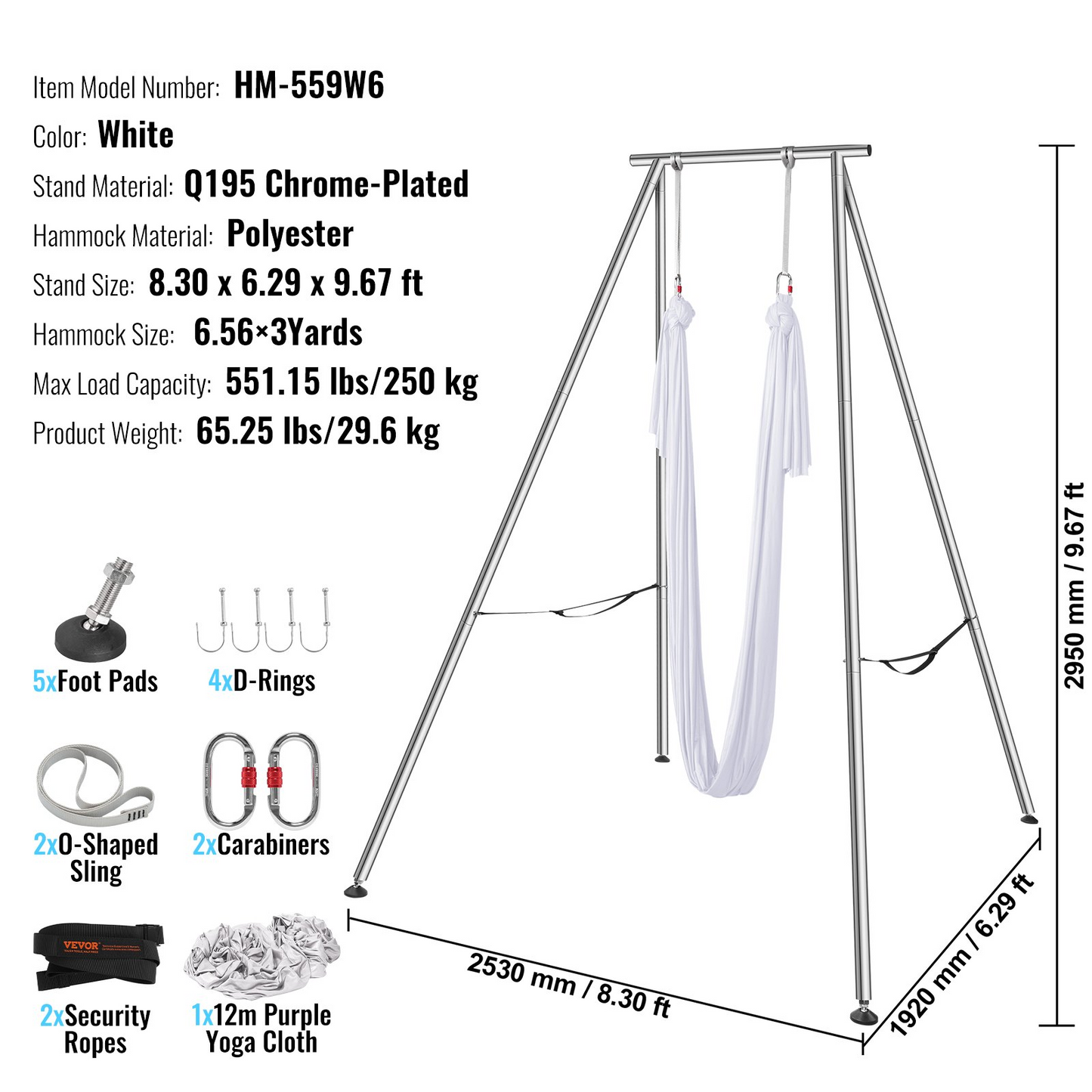 VEVOR Aerial Yoga Frame & Yoga Hammock, 9.67 ft Height Professional Yoga Swing Stand Comes with 6.6 Yards Aerial Hammock, Max 551.15 lbs Load Capacity Yoga Rig for Indoor Outdoor Aerial Yoga, White