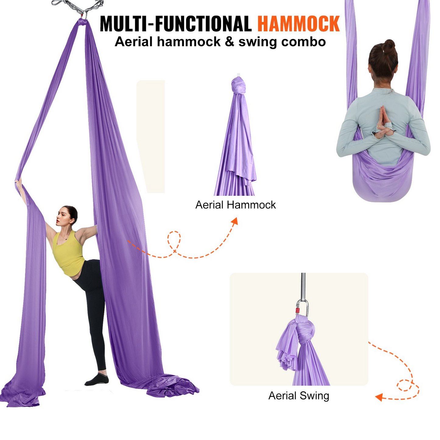 VEVOR 4.4-Yard Aerial Yoga Hammock Kit - Purple, 100gsm Nylon, Full Hardware