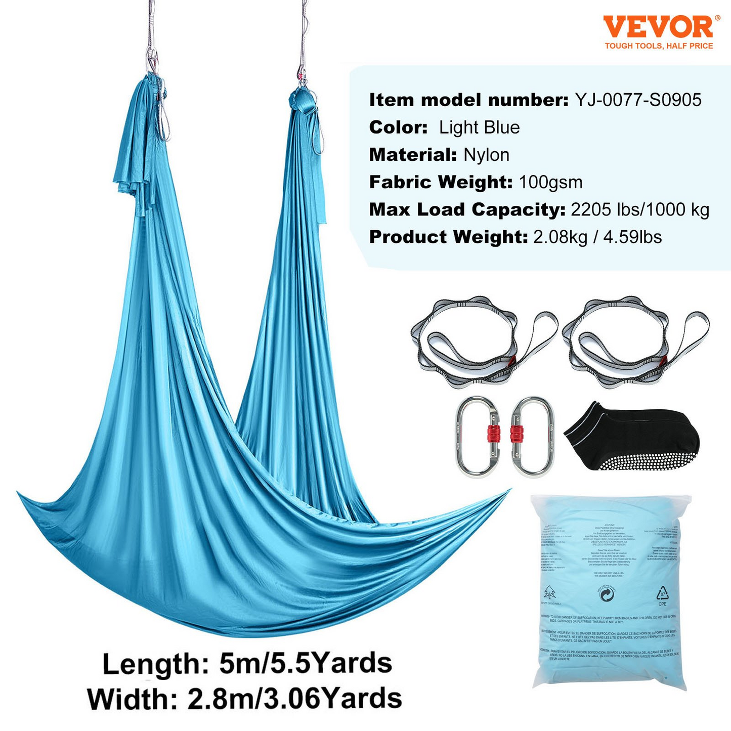 VEVOR Aerial Yoga Hammock & Swing, 5.5 Yards, Aerial Yoga Starter Kit with 100gsm Nylon Fabric, Full Rigging Hardware & Easy Set-up Guide, Antigravity Flying for All Levels Fitness Bodybuilding, Blue