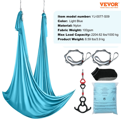 VEVOR Aerial Silk & Yoga Swing, 11 Yards, Aerial Yoga Hammock Kit with 100gsm Nylon Fabric, Full Rigging Hardware & Easy Set-up Guide, Antigravity Flying for All Levels Fitness Bodybuilding, Blue