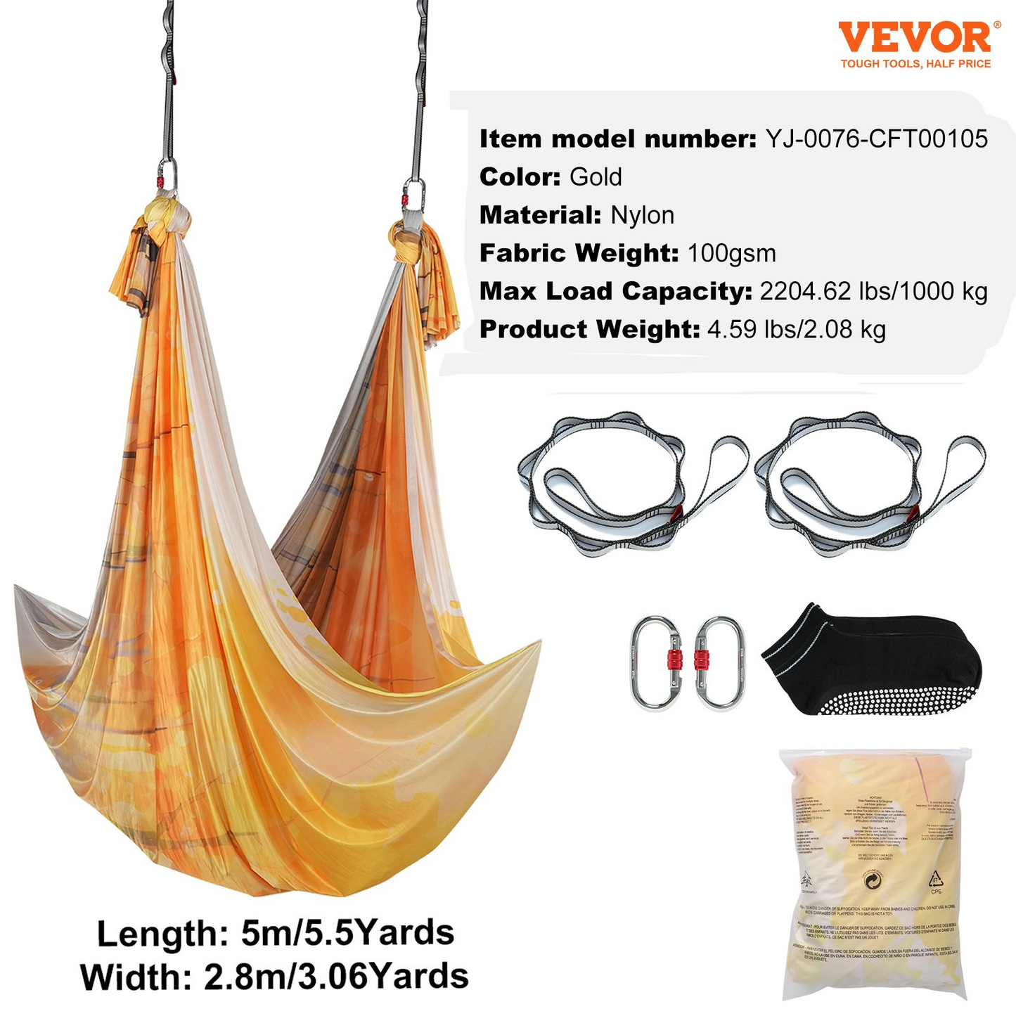 VEVOR Aerial Yoga Hammock & Swing, 5.5 Yards, Aerial Yoga Starter Kit with 100gsm Nylon Fabric, Full Rigging Hardware & Easy Set-up Guide, Antigravity Flying for All Levels Fitness Bodybuilding, Gold