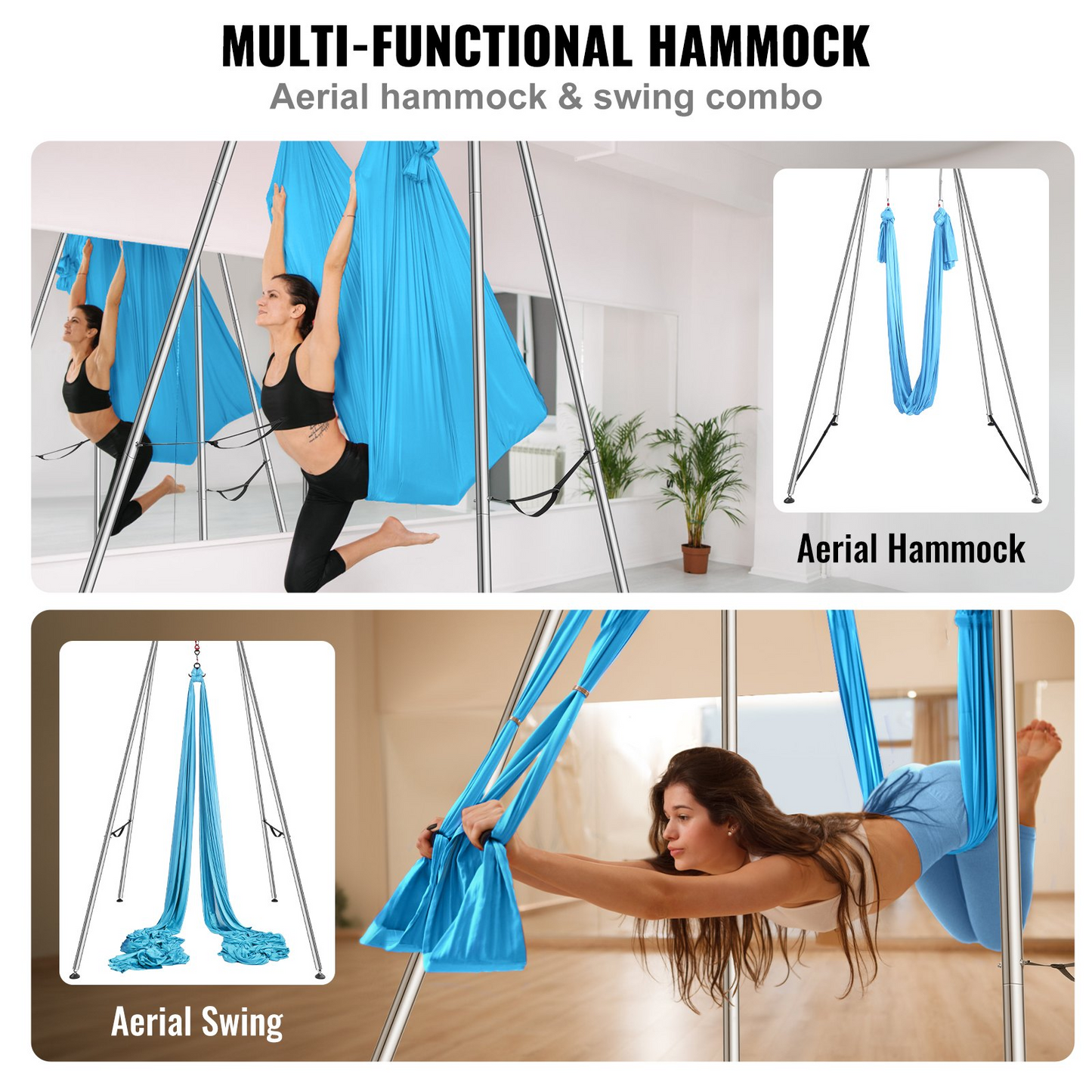 VEVOR Aerial Yoga Frame & Yoga Hammock, 9.67 ft Height Professional Yoga Swing Stand Comes with 13.1 Yards Aerial Hammock, Max 551.15 lbs Load Capacity Yoga Rig for Indoor Outdoor Aerial Yoga, Blue