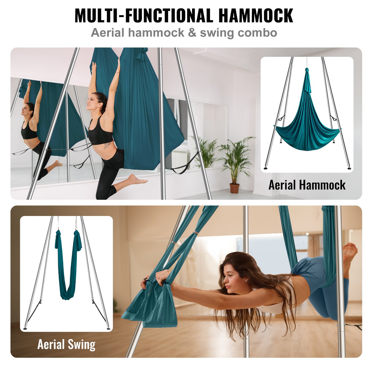 VEVOR Aerial Yoga Frame & Yoga Hammock, 9.67 ft Height Professional Yoga Swing Stand Comes with 6.6 Yards Aerial Hammock, Max 551.15 lbs Load Capacity Yoga Rig for Indoor Outdoor Aerial Yoga, Green