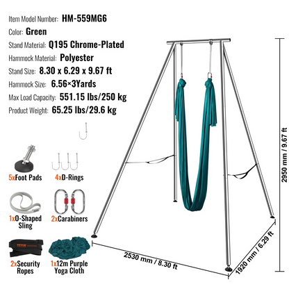 VEVOR Aerial Yoga Frame & Yoga Hammock, 9.67 ft Height Professional Yoga Swing Stand Comes with 6.6 Yards Aerial Hammock, Max 551.15 lbs Load Capacity Yoga Rig for Indoor Outdoor Aerial Yoga, Green