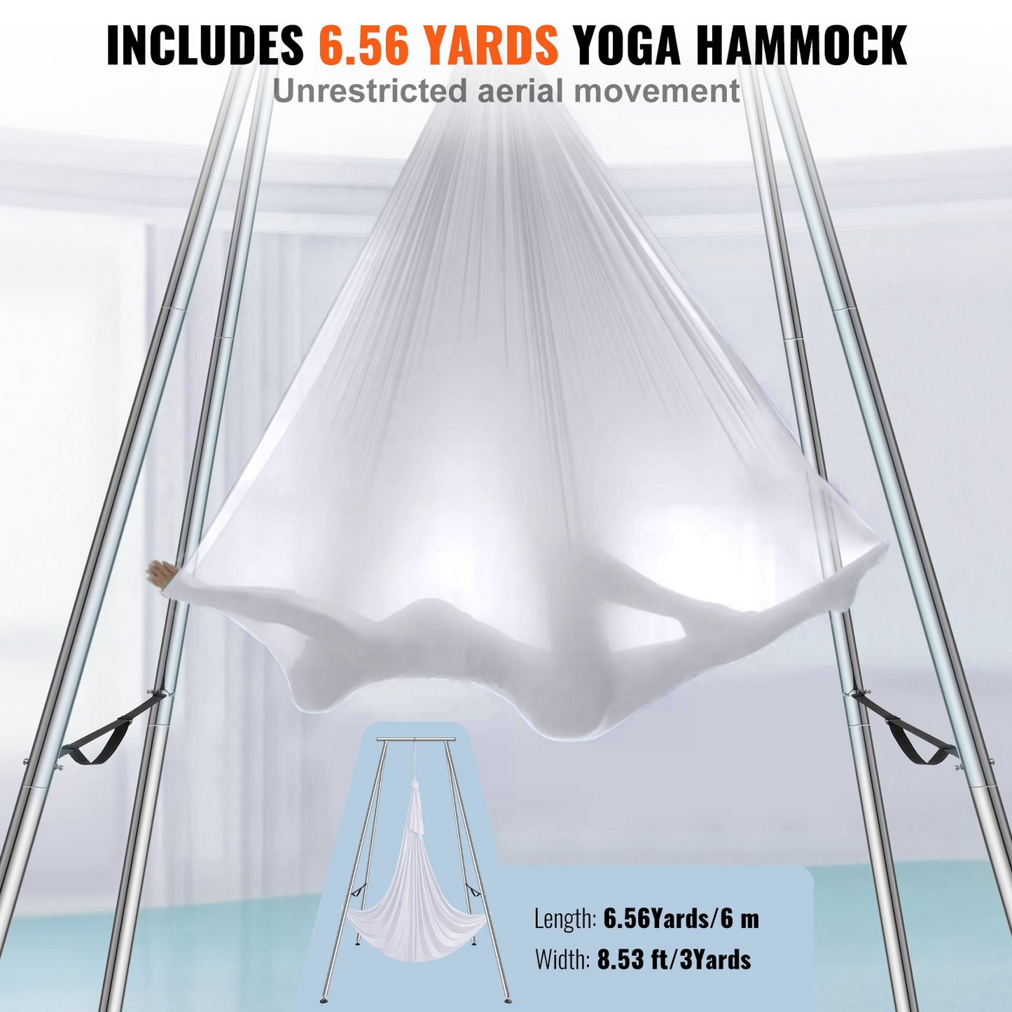 VEVOR Aerial Yoga Frame & Yoga Hammock, 9.67 ft Height Professional Yoga Swing Stand Comes with 6.6 Yards Aerial Hammock, Max 551.15 lbs Load Capacity Yoga Rig for Indoor Outdoor Aerial Yoga, White