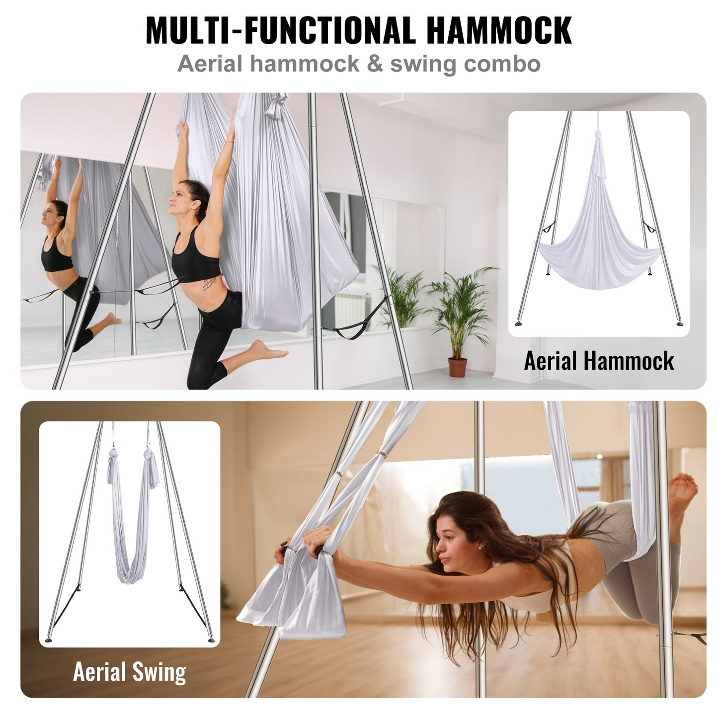 VEVOR Aerial Yoga Frame & Yoga Hammock, 9.67 ft Height Professional Yoga Swing Stand Comes with 6.6 Yards Aerial Hammock, Max 551.15 lbs Load Capacity Yoga Rig for Indoor Outdoor Aerial Yoga, White