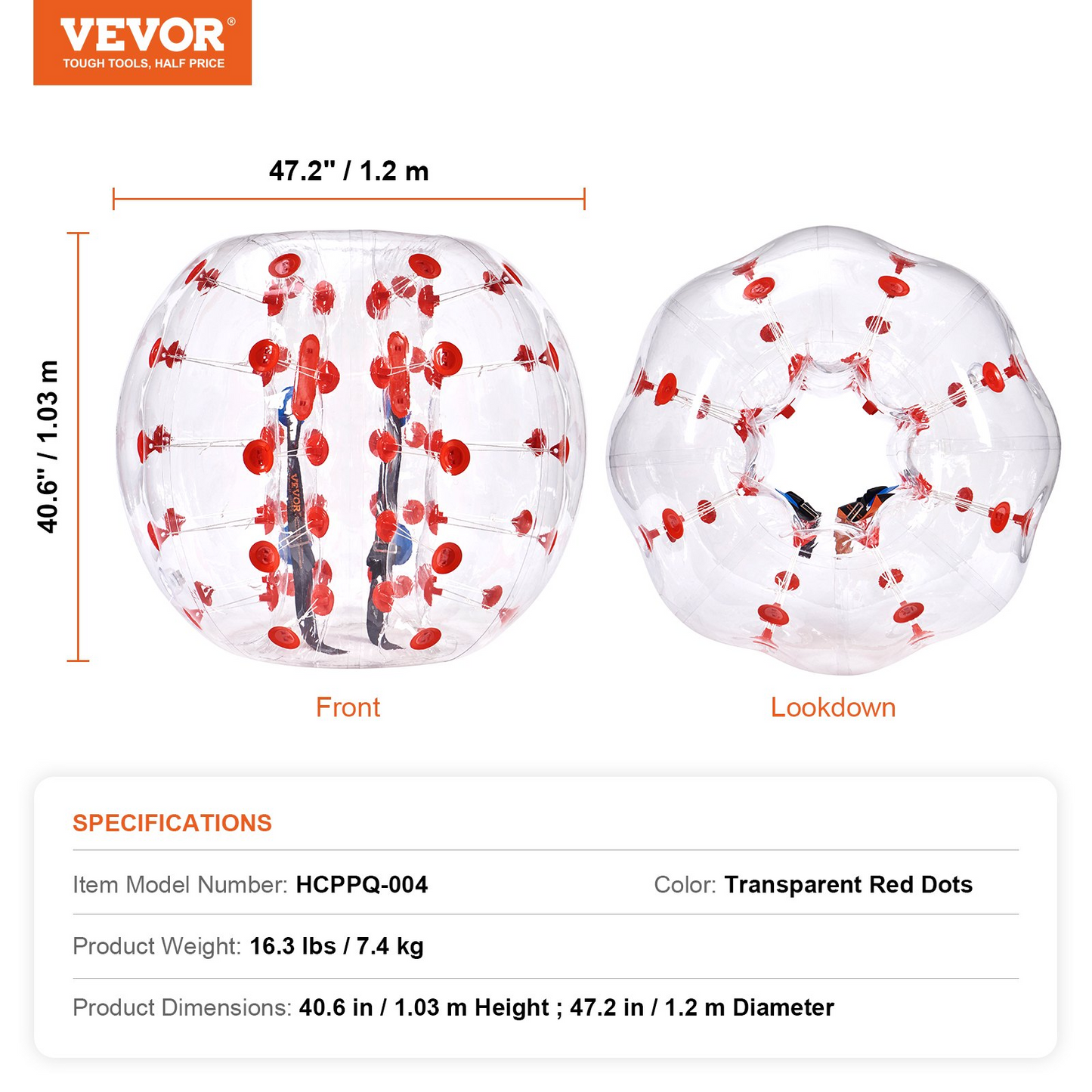 VEVOR Inflatable Bumper Ball 1-Pack, 4FT/1.2M Body Sumo Zorb Balls for Teen, 0.8mm Thick PVC Human Hamster Bubble Balls for Outdoor Team Gaming Play, Bumper Bopper Toys for Garden, Yard, Park