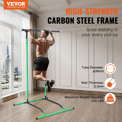 VEVOR Power Tower Dip Station, 2-Level Height Adjustable Pull Up Bar Stand, Multi-Function Strength Training Workout Equipment, Home Gym Fitness Dip Bar Station, 220LBS Weight Capacity, Black & Green