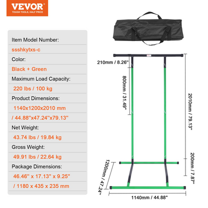 VEVOR Power Tower Dip Station, 2-Level Height Adjustable Pull Up Bar Stand, Multi-Function Strength Training Workout Equipment, Home Gym Fitness Dip Bar Station, 220LBS Weight Capacity, Black & Green