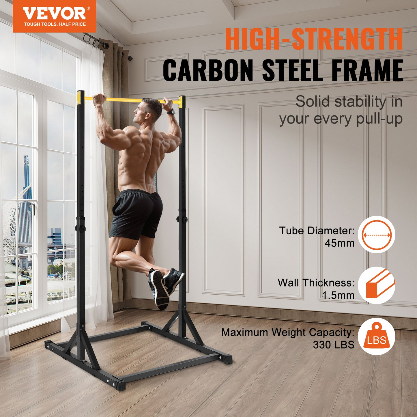 VEVOR Power Tower Pull Up Bar Station, Multi-Function Dip Station with 8-Level Adjustable Height, Heavy Duty Strength Training Fitness Equipment for Home Gym Workout, 330LBS Loading, Black & Yellow