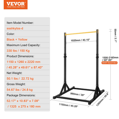 VEVOR Power Tower Pull Up Bar Station, Multi-Function Dip Station with 8-Level Adjustable Height, Heavy Duty Strength Training Fitness Equipment for Home Gym Workout, 330LBS Loading, Black & Yellow